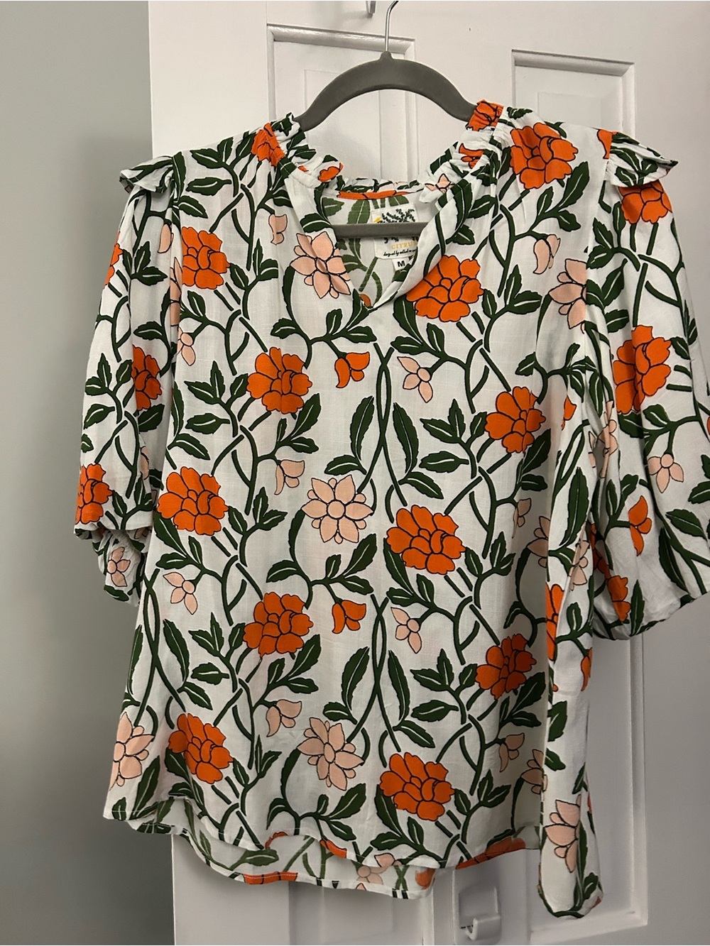 Citrus Floral Button-Up Top in White, Orange & Green